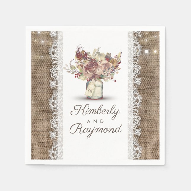 Serviette En Papier Floral Mason Jar et Burlap Lace Rustique Mariage (Devant)