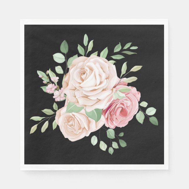 Serviette En Papier Floral Noir Blush rose Élégant Rose (Devant)