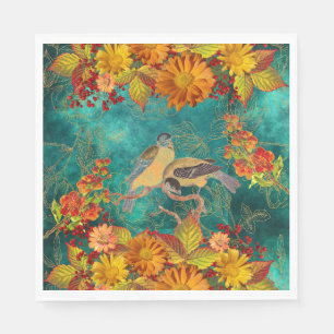 Serviette En Papier Floral & Oiseaux Orange, Rouge, Jaune, Turquoise