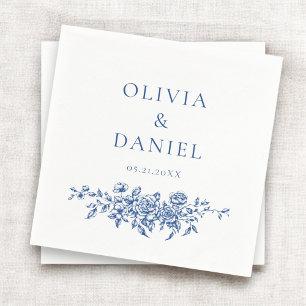 Serviette En Papier Floral Orné de Mariage bleu de la marine victorien