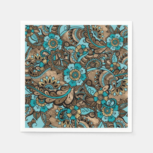 Serviette En Papier Floral Paisley Motif - turquoise et or (Devant)