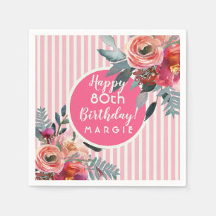 Serviette En Papier Floral Pink Pastel Stripe 80e anniversaire