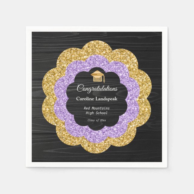 Serviette En Papier Floral Purple & Gold Parties scintillant Graduatio (Devant)