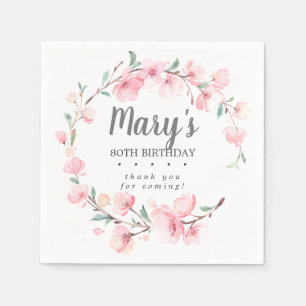 Serviette En Papier Floral rose 80e anniversaire Merci
