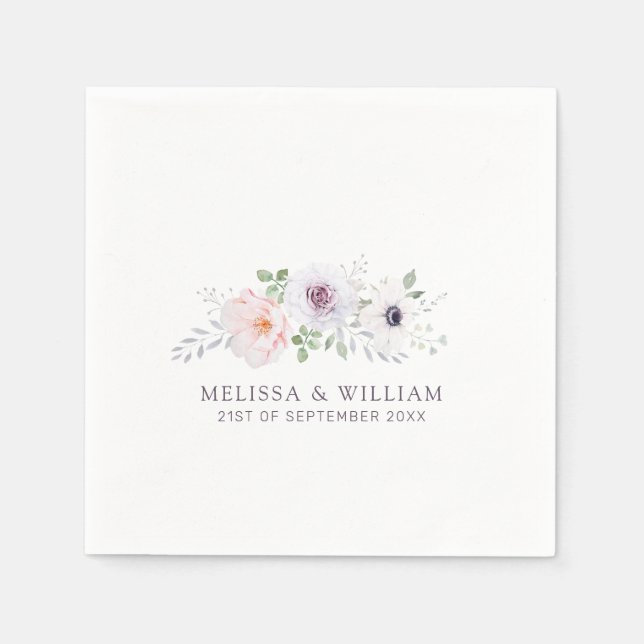 Serviette En Papier Floral Rose aquarelle Anemone Lilac Mariage blanc (Devant)