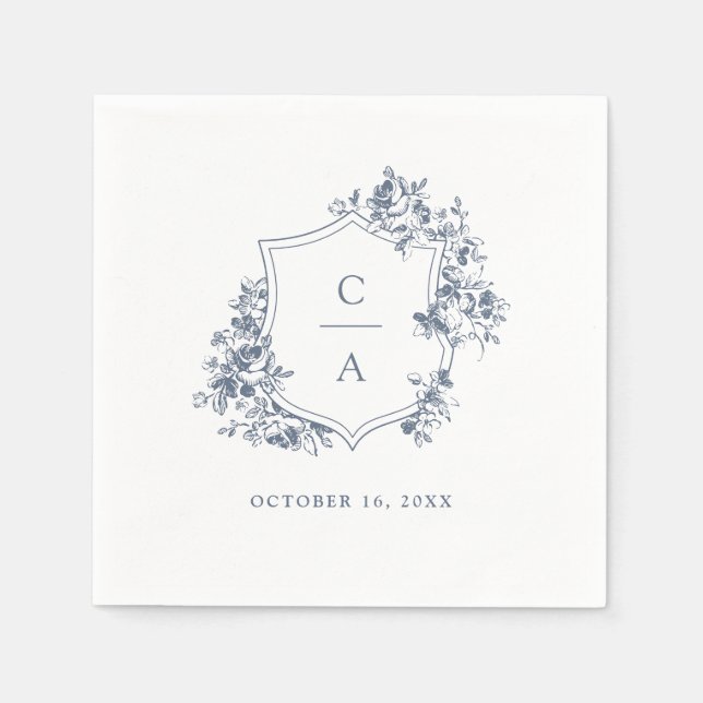 Serviette En Papier Floral Rose Mariage Crest Dusty Blue (Devant)