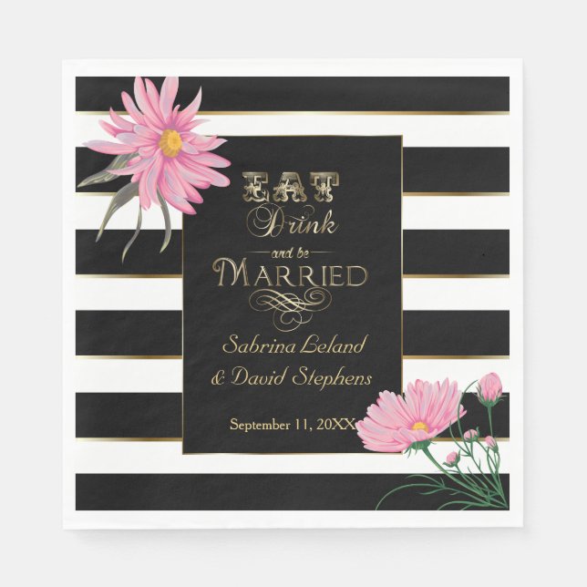 Serviette En Papier Floral rose mariage Gras noir et blanc (Devant)