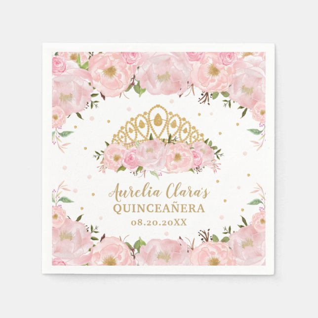 Serviette En Papier Floral rose pâle Princesse Tiara Crown QUINCEAÑERA (Devant)