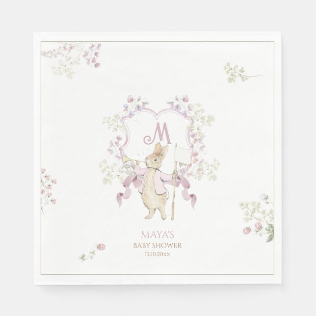 Serviette En Papier Floral rose Pierre le lapin Monogramme Baby shower (Devant)