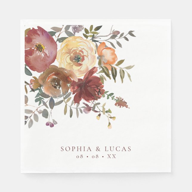 Serviette En Papier Floral rouille Bourgogne Mariage de automne (Devant)