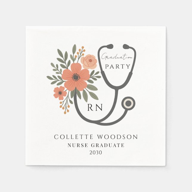 Serviette En Papier Floral Stethoscope Nurse Graduation Party (Devant)