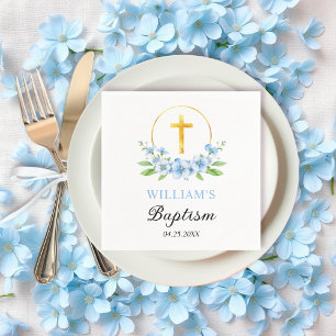 Serviette En Papier Floraux bleus et croix d'or garçon baptême floral