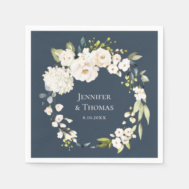 Serviette En Papier Flore d'aquarelle blanche sur Mariage bleu marine (Devant)