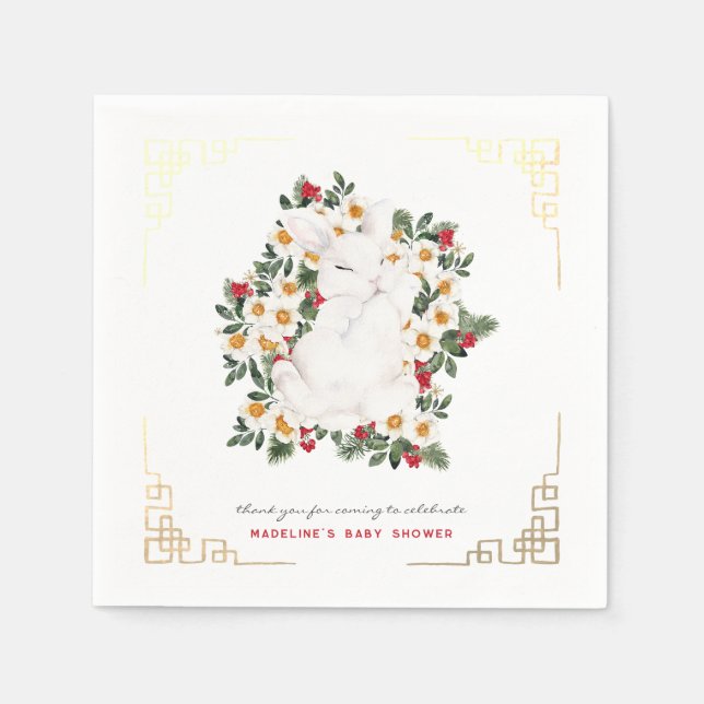 Serviette En Papier Flore de lapin d'hiver | Baby shower serviettes (Devant)