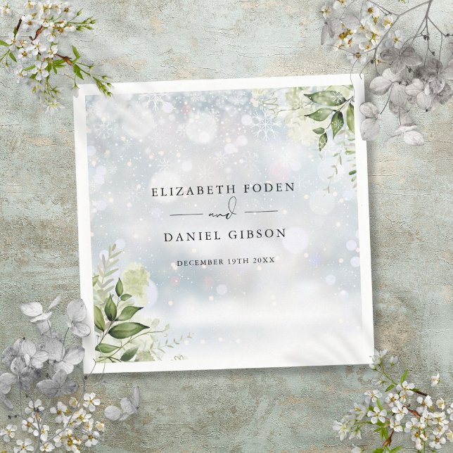 Serviette En Papier Flore de verdure rustique Snowflakes hiver (Rustic Greenery Floral Winter Snowflakes Napkins)