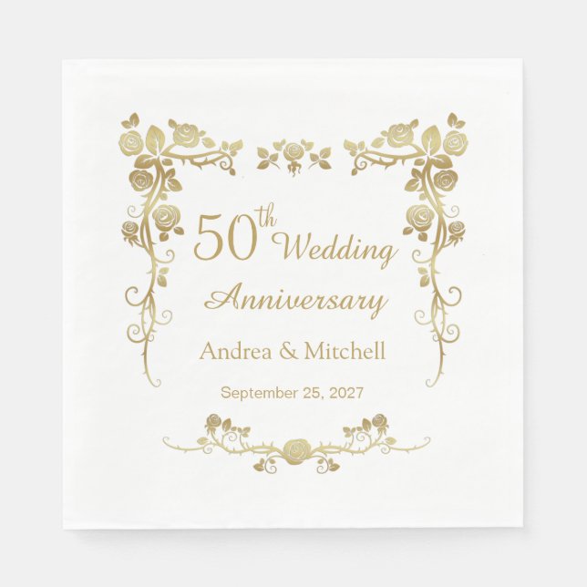 Serviette En Papier Flore d'or tournoie 50e anniversaire Mariage (Devant)