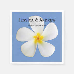 Serviette En Papier Flore tropicale, Plumeria blanche sur Bleu, Mariag