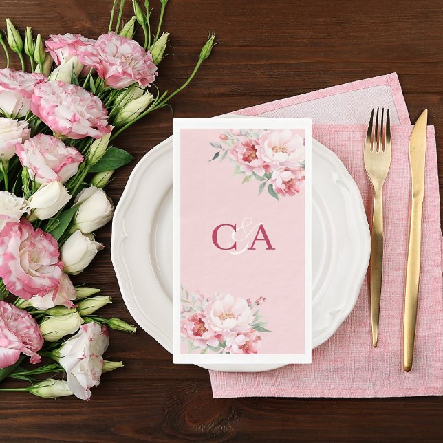 Serviette En Papier Flores de roses rose pâle mariage monogramme (Créateur téléchargé)