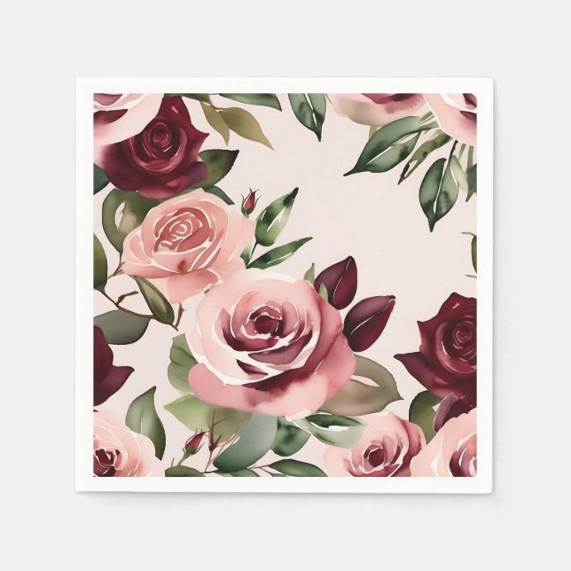 Serviette En Papier Flores romantiques Aquarelle Roses Bourgogne (Devant)