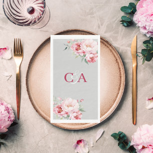Serviette En Papier Flores rose gris mariage monogramme