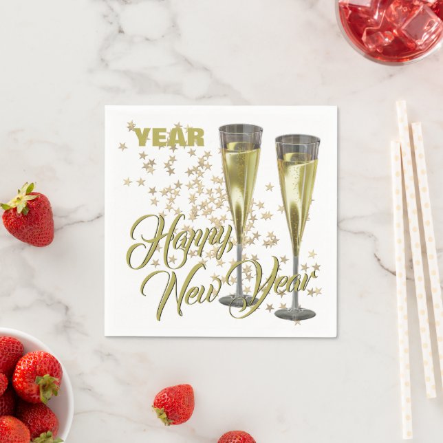Serviette En Papier Flutes Champagne Personnalisées Bonne Année (En situation)
