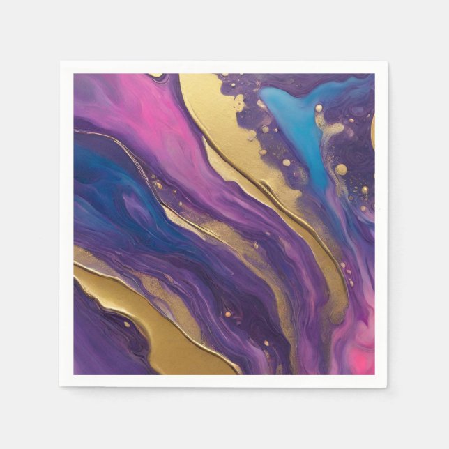 Serviette En Papier Flux Abstrait Art- Bleu violet rose et or- (Devant)
