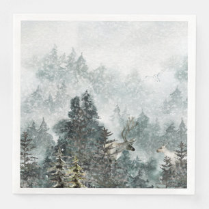 Serviette En Papier Foggy Mountain Snowland Forest Stag Deer