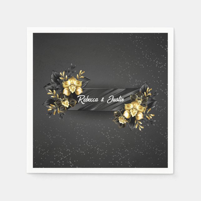 Serviette En Papier Foil Gold Black Orchidées Modern Boho (Devant)