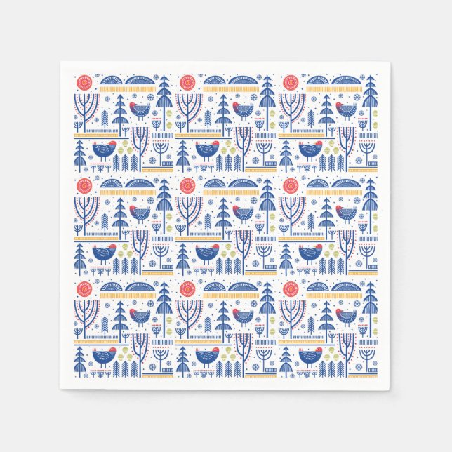 Serviette En Papier Folk Art Winter Bird Motif (Devant)