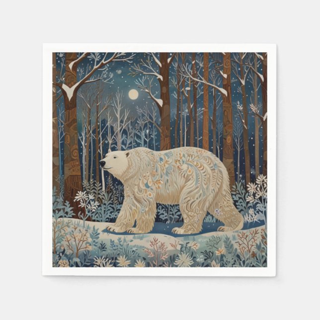 Serviette En Papier Forêt bohème d'hiver de l'ours blanc rétro (Devant)