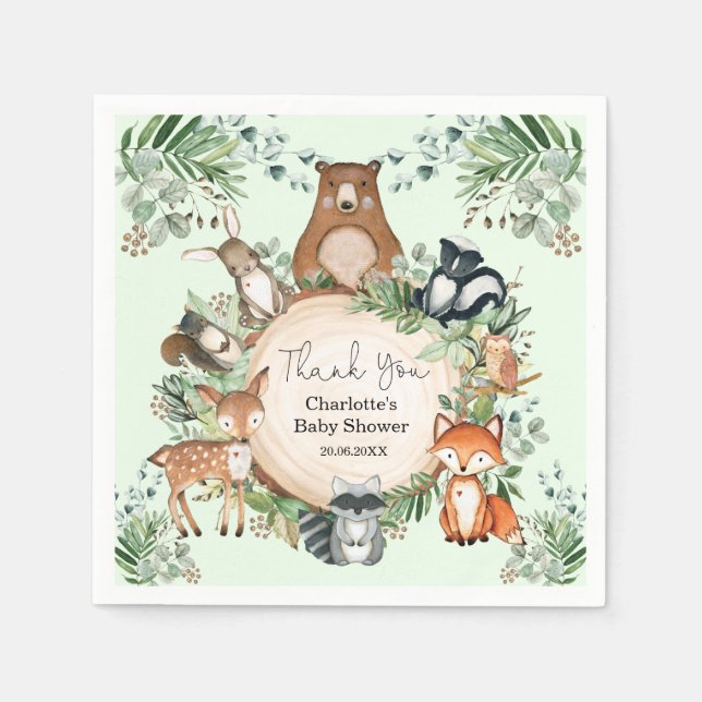 Serviette En Papier Forêt Bois Animaux Baby shower 1er anniversaire (Devant)