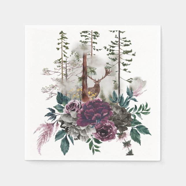 Serviette En Papier Forêt d'aquarelle boisée avec cerf (Devant)