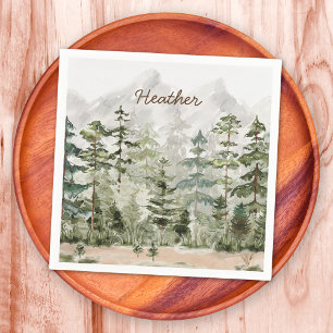 Serviette En Papier Forêt de pins verte sur une montagne à l'aquarelle