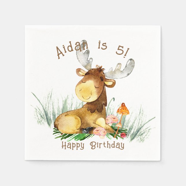 Serviette En Papier Forêt forestière Moose mignonne Anniversaire (Devant)