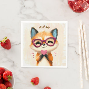 Serviette En Papier Fox Valentine's Day Heart Badge Kids School