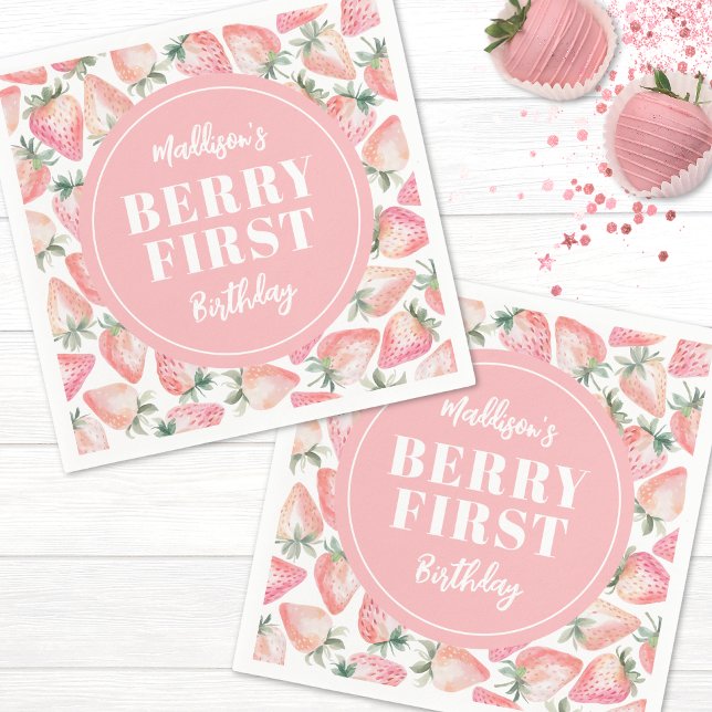 Serviette En Papier Fraise Berry 1ère fête d'anniversaire (Strawberry Berry First 1st Birthday Party Napkins)