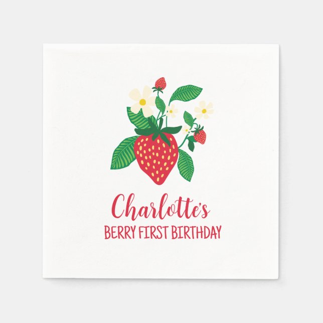 Serviette En Papier Fraise Whimsical avec détails floraux (Devant)