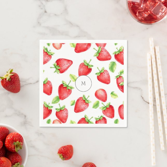 Serviette En Papier Fraises d'aquarelle moderne été monogrammé (En situation)