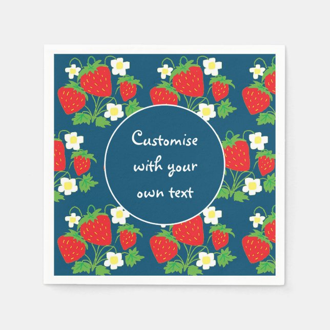 Serviette En Papier Fraises et fleurs Texte bleu personnalisé (Devant)