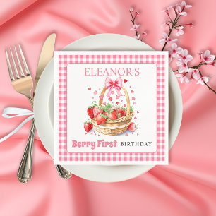 Serviette En Papier Fraises et ruban rose Berry Premier Anniversaire