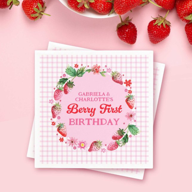 Serviette En Papier Fraises Twin Sisters Joint Berry 1er Anniversaire (Strawberries Twin Sisters Joint Berry 1st Birthday Napkins)