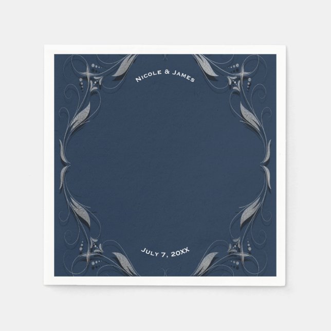Serviette En Papier Frame Bleu & Argent Elégante Soirée de Mariage Vin (Devant)