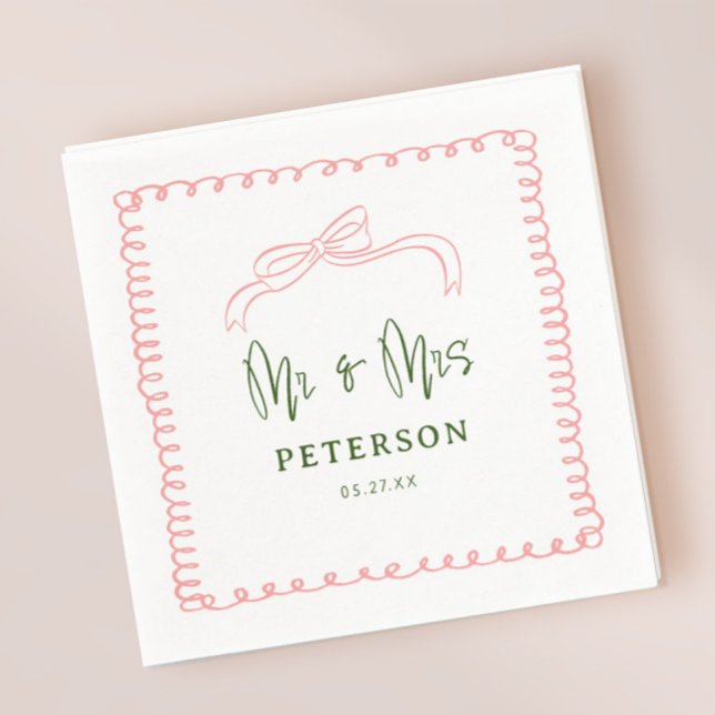 Serviette En Papier Français rose et vert M & Mme Mariage Monogram (Créateur téléchargé)