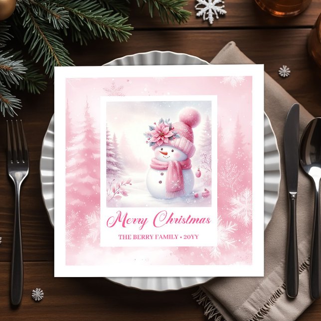 Serviette En Papier Frosty Pink Snowman Winter Scene Christmas Napkins (Frosty Pink Snowman Winter Scene Christmas Napkins Kids)