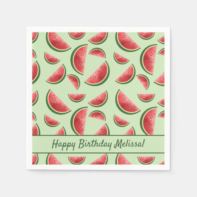Serviette En Papier Fruits de pastèque Motif sur vert Joyeux anniversa (Devant)