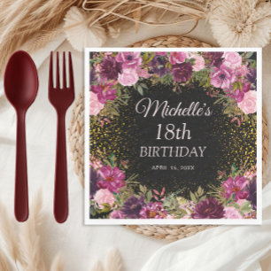 Serviette En Papier Fuchsia Burgundy Floral Glitter Noir 18e Anniversa