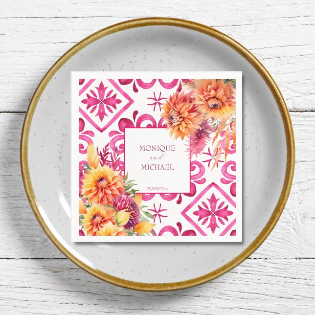 Serviette En Papier Fuchsia Majolica carreaux orange dahlia modèle (Fuchsia pink Majolica tiles orange dahlia template Napkins personalized wedding tableware decor)