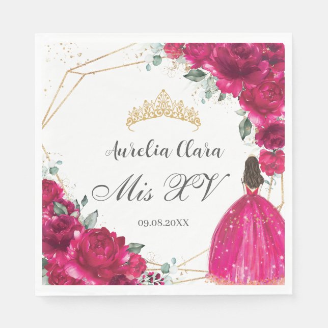 Serviette En Papier Fuchsia Rose Floral Princesse Gown Gold Quinceañer (Devant)
