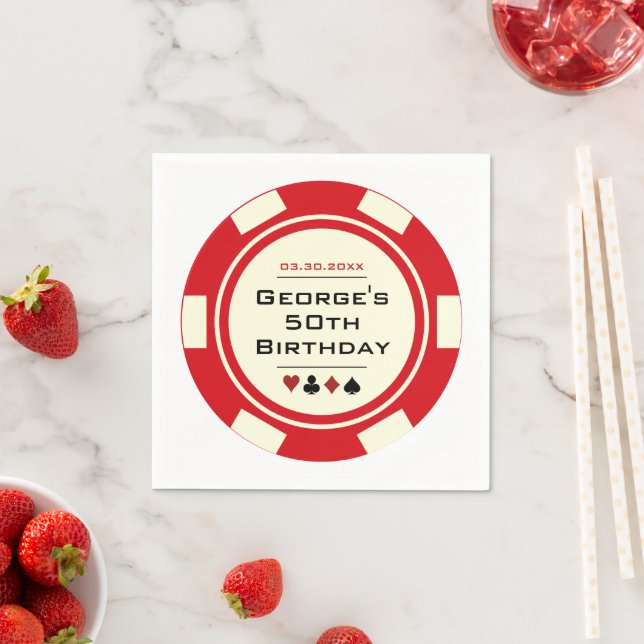 Serviette En Papier Fun Casino Poker Chip en rouge et crème Anniversai (En situation)