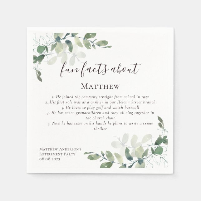 Serviette En Papier Fun Facts Eucalyptus Script Retraite Party (Devant)